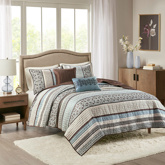 Madison Park Princeton Blue 5 pcs Jacquard Quilt Set with Throw Pillows