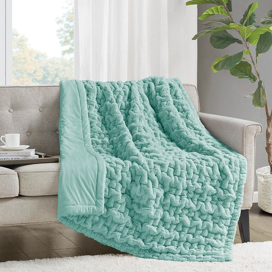 Madison Park Ruched Fur Aqua Throw