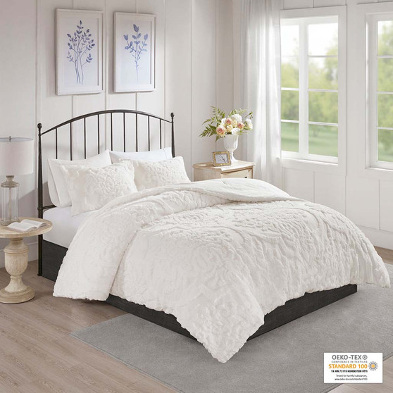 Madison Park Viola Off-White 3 pcs Tufted Cotton Chenille Damask Comforter Set