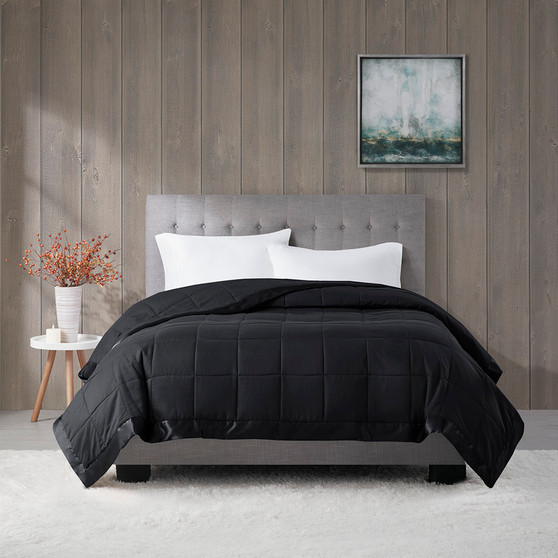 Madison Park Windom Black Lightweight Down Alternative Blanket with Satin Trim