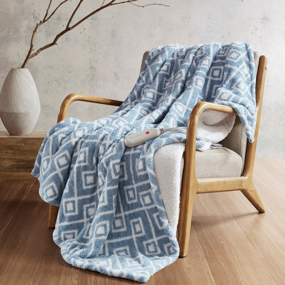 Sharper Image Amira Blue Geo Dream Soft Heated Throw