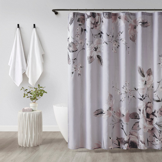 Madison Park Neko Lilac Floral Printed Cotton Shower Curtain