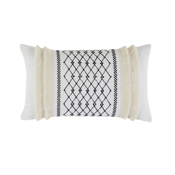 INK+IVY Bea Ivory Embroidered Cotton Oblong Pillow with Tassels
