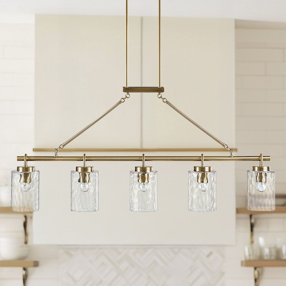 INK+IVY Curiana Antique Brass 5-light Linear Chandelier with Textured Glass Shades