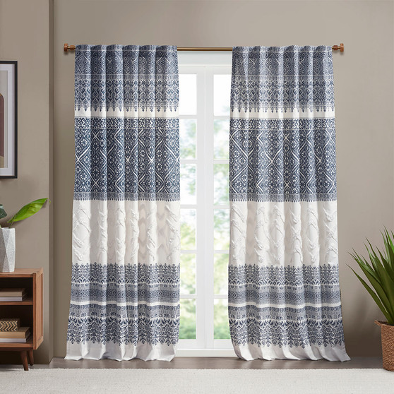 INK+IVY Mila Navy Cotton Printed Curtain Panel with Chenille detail and Lining