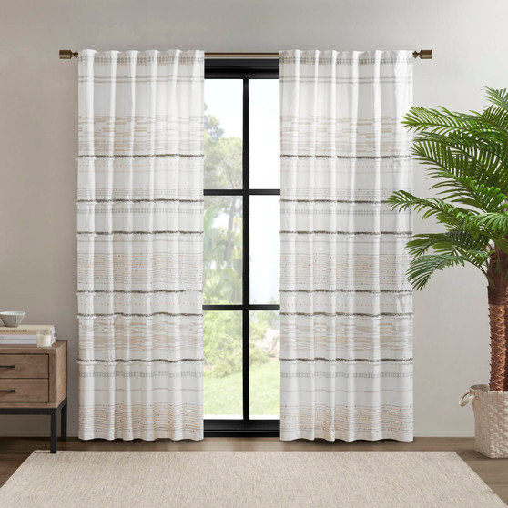 INK+IVY Nea Off White/Gray Cotton Printed Curtain Panel with Tassel Trim and Lining
