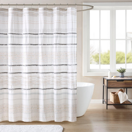 INK+IVY Nea Off White/Gray Cotton Printed Shower Curtain with Trims