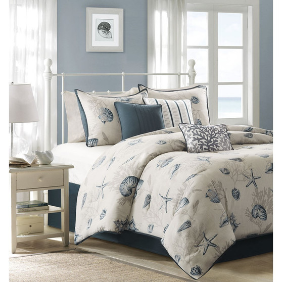 Madison Park Bayside Blue 7 Piece Cotton Sateen Comforter Set