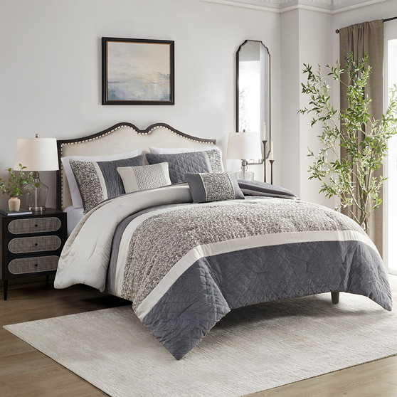 Madison Park Amelia Grey 5 Piece Textured Jacquard Stripe Comforter Set with Throw Pillows