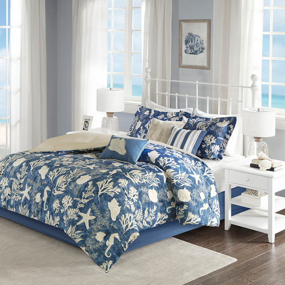 Madison Park Cape Cod Blue 7 Piece Cotton Sateen Comforter Set