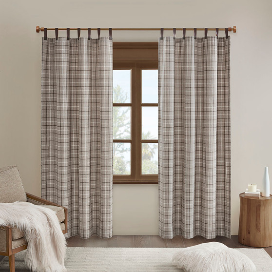 Madison Park Anaheim Plaid Faux Leather Tab Top Curtain Panel with Fleece Lining