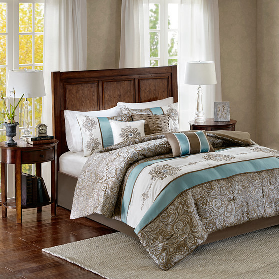Madison Park Caroline Blue Jacquard 7 Piece Comforter Set