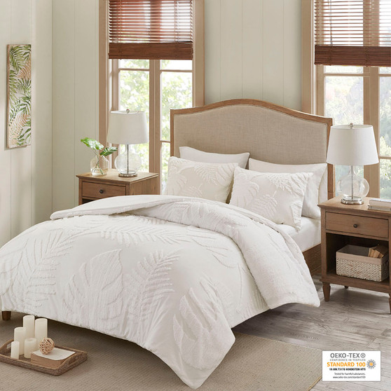 Madison Park Bahari Off-White 3 Piece Tufted Cotton Chenille Palm Comforter Set