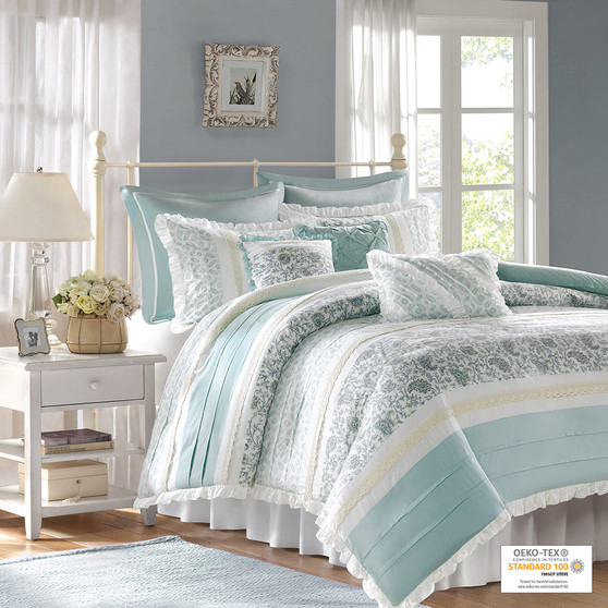 Madison Park Dawn Aqua 9 Piece Cotton Percale Duvet Cover Set