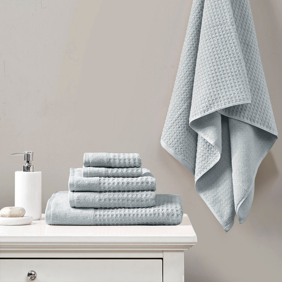 Madison Park Spa Waffle Blue Cotton Waffle Jacquard Antimicrobial Bath Towel 6 pcs Set