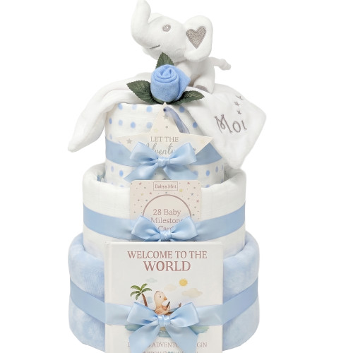 3 Tier Welcome To The World Baby Boy Elephant Blue Nappy Cake