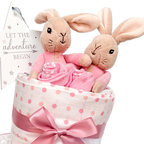 3 Tier Pink Twin Girls Flopsy Bunny Nappy Cake 3 Tier Pink Twin Girls Flopsy Bunny Nappy Cake