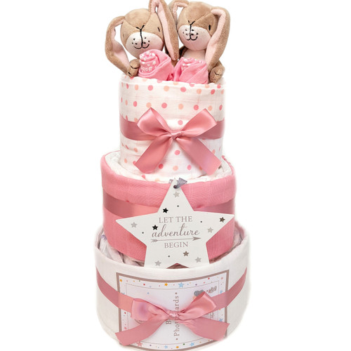 3 Tier Twin Girls Nappy Cake Let The Adventure Begin (Ghmily Hare)