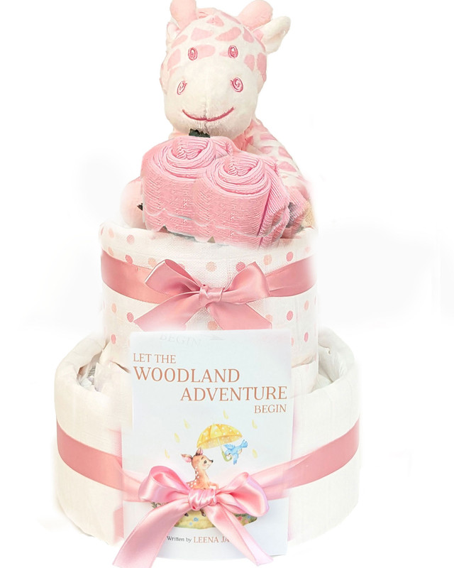 2 Tier Welcome Little One Girl Nappy Cake Pink Giraffe