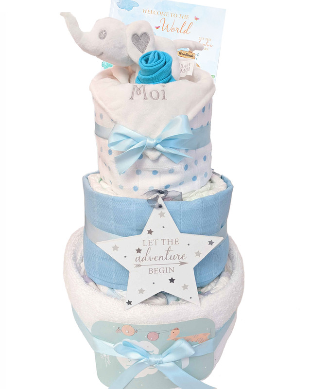 3 Tier Welcome To The World Baby Boy Elephant Blue Nappy Cake