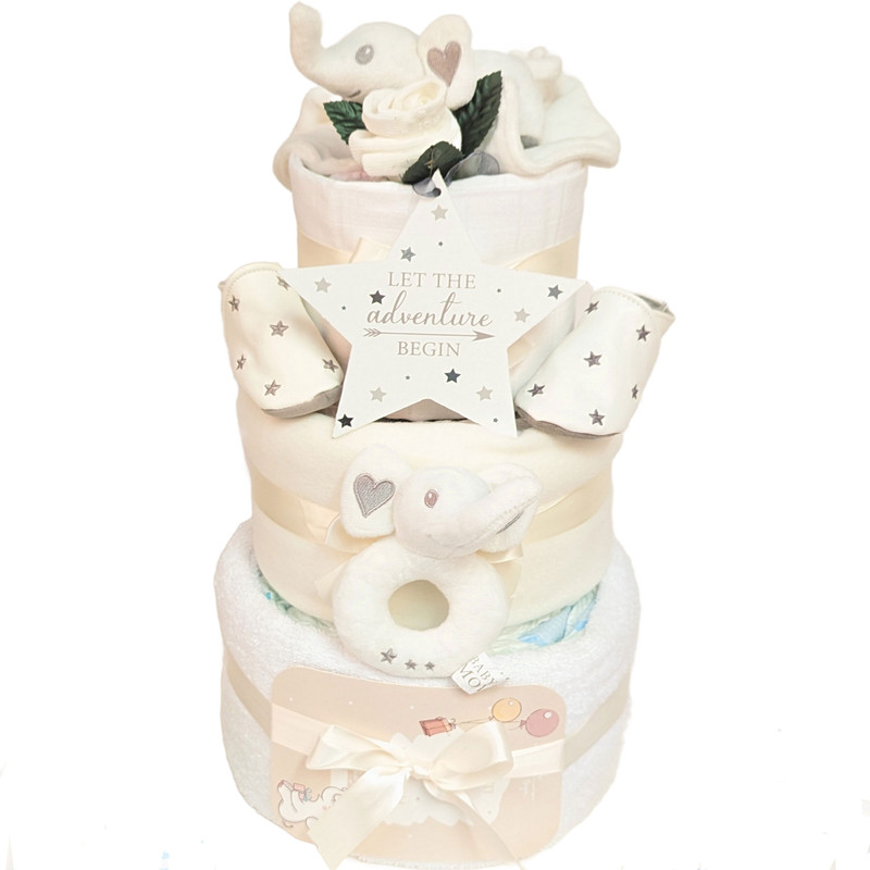 3 tier Luxury Baby  Shower Gift nappy cake (White Elephant)