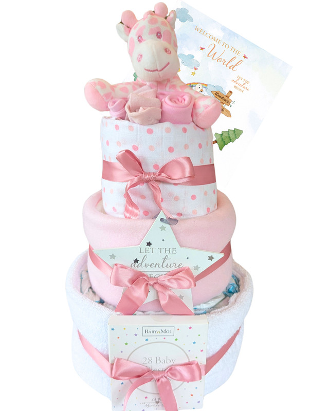 3 TIER Welcome To The World  Baby Girl NAPPY CAKE (Pink GIRAFFE)