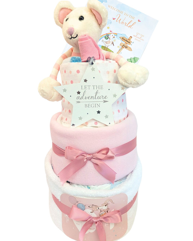 3 Tier Welcome To the world Girl Gift pink Nappy Cake Millie Mouse