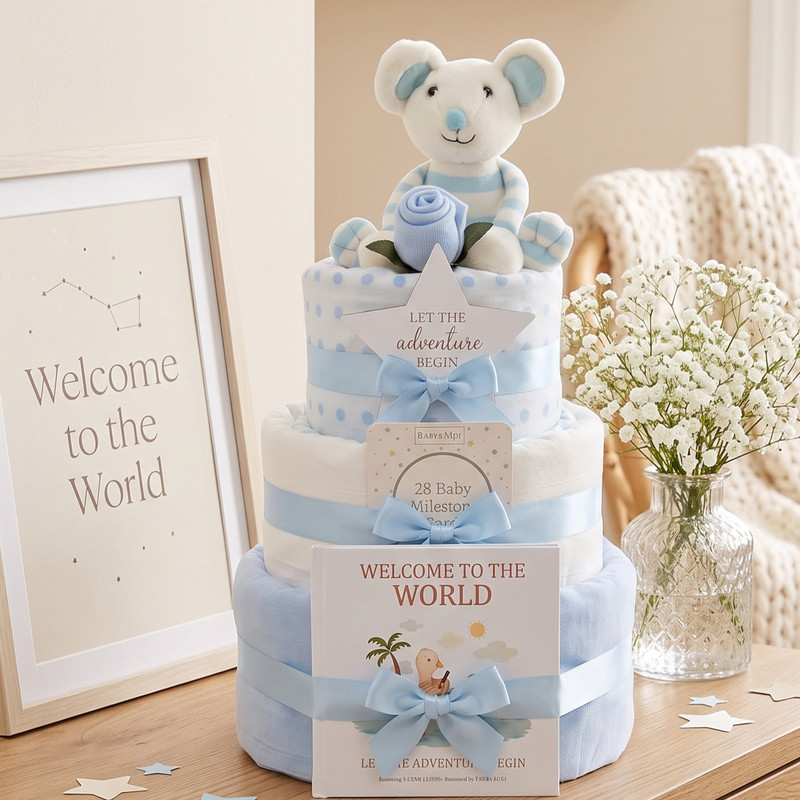 Little Cuddles New Baby Boy Gift Little Mouse Nappy Cake Blue