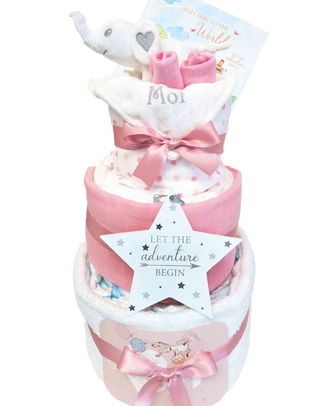 3 Tier Welcome To The World Nappy Cake Baby Girl Elephant 