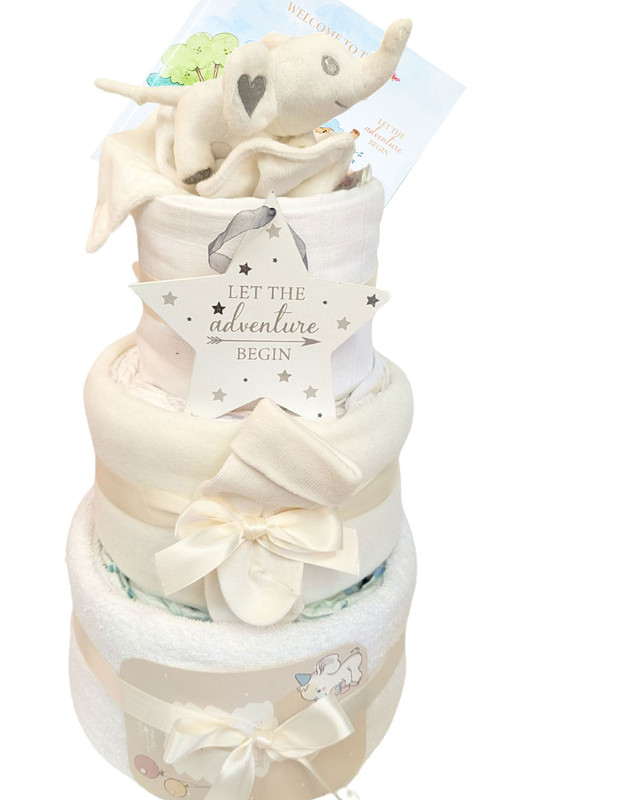 3 Tier Welcome Little One Baby Gift Nappy Cake (Moi Elephant White)