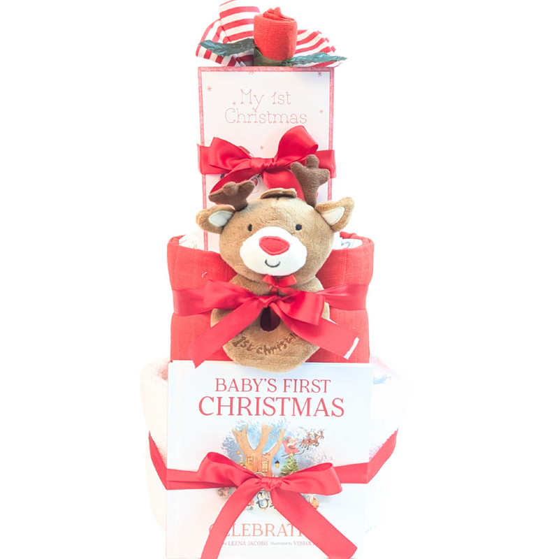 3 Tier Baby's First Christmas Posy Nappy Cake Reindeer 3 Tier Baby's First Christmas Posy Nappy Cake Reindeer