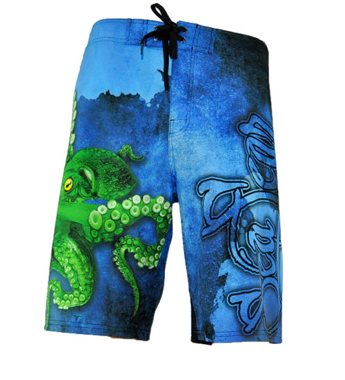 Sea Fear Men's Board Shorts 4-Way Stretch Quick Dry, Octopus Design, Front
