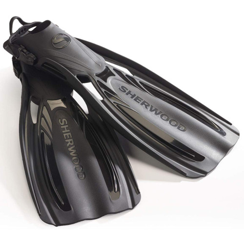 Sherwood Elite Open Heel Scuba Fins, Black Diving Swim Fins with Silicone Heel Strap, Sizes XS-XL (Men's 5-14)