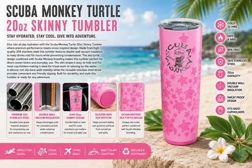 Scuba Monkey Turtle 20oz Skinny Tumbler, premium 304 Stainless Steel Double Wall Vacuum Insulated Cup with Straw Non-Slip Base, 4 Assorted Colors