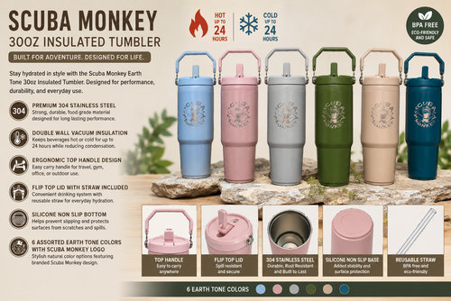 Scuba Monkey arth Tone 30oz Insulated Tumbler Premium Stainless Steel Double Wall Vacuum Cup with Handle Flip Top Lid Straw Non Slip Base 6 Assorted Colors