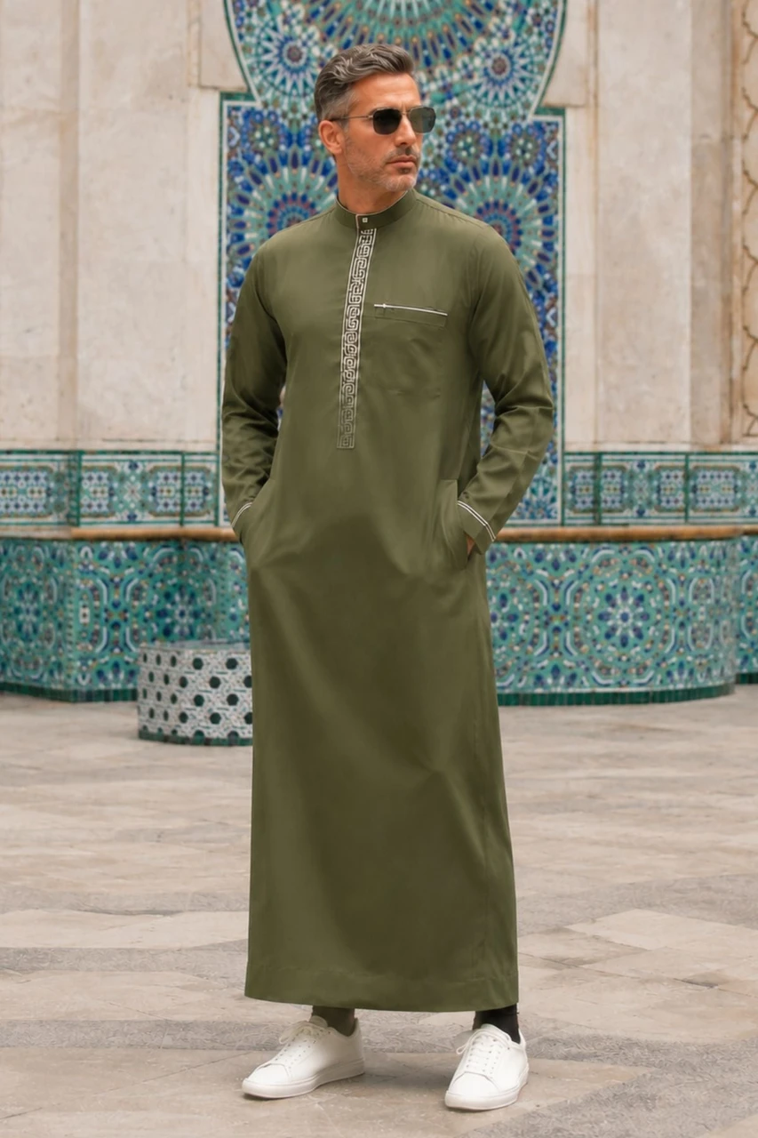 Olive Embroidered Winter Thobe for Men – Stylish & Warm Saudi Thobe