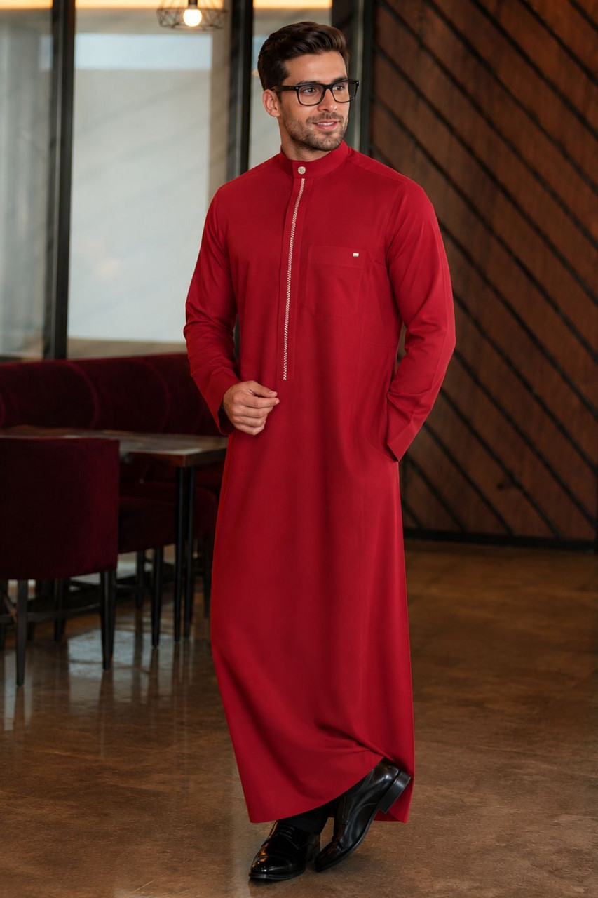 Red Saudi Thobe with White Embroidery – Stylish Winter Wear