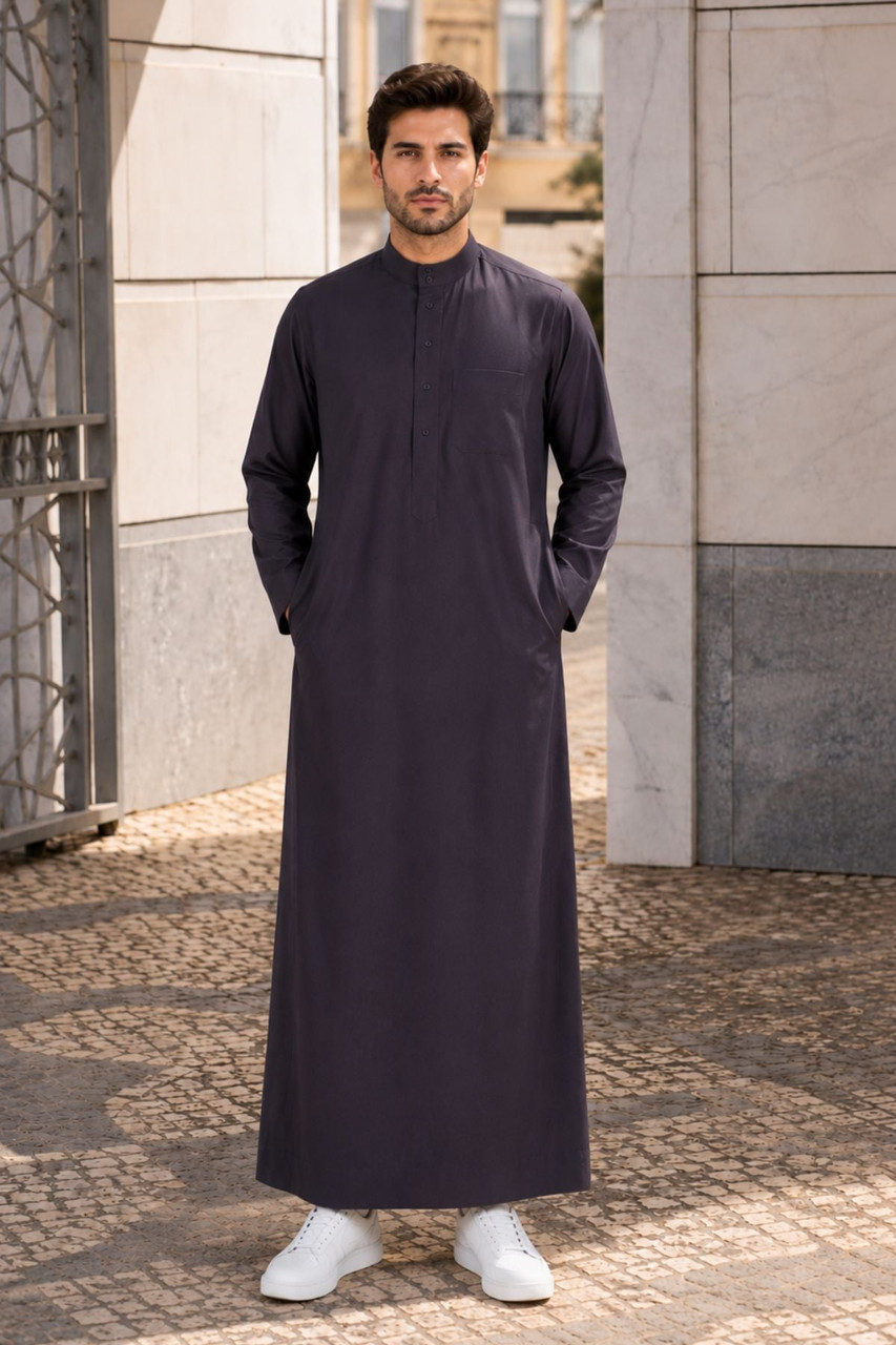Custom Charcoal Gray Saudi Thobe – Elegant & Comfortable Fit