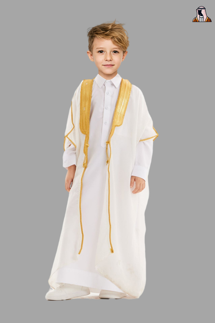 Pure White Kids’ Bisht – Arabian Cloak for Weddings & Special Occasions