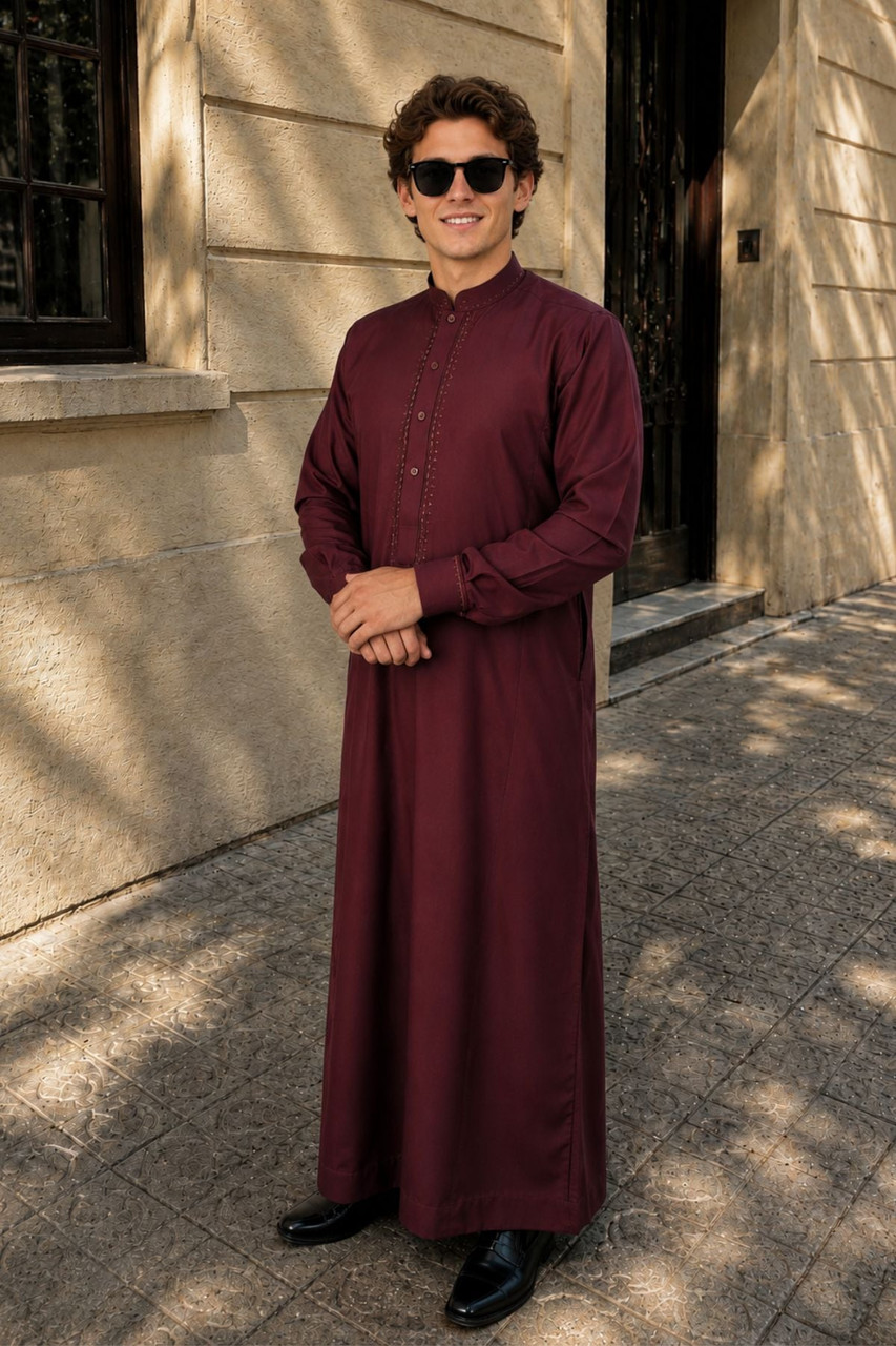 Men’s Maroon Kuwaiti Style Thobe – Breathable, Elegant, and Comfortable