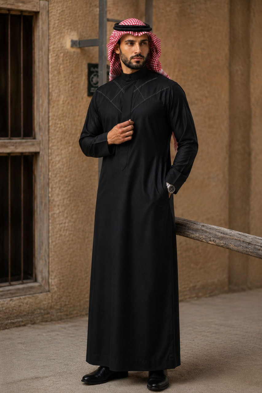 Elegant Black Geometric Stitch Saudi Thobe with White Thread