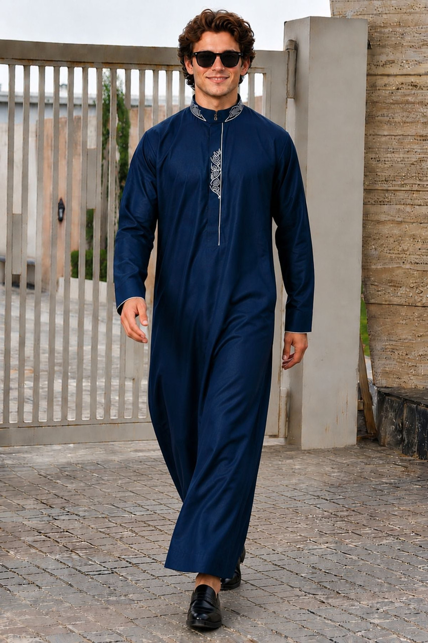 Men's Navy Modern Stitch Saudi Thobe | Chest & Back Stitch Design