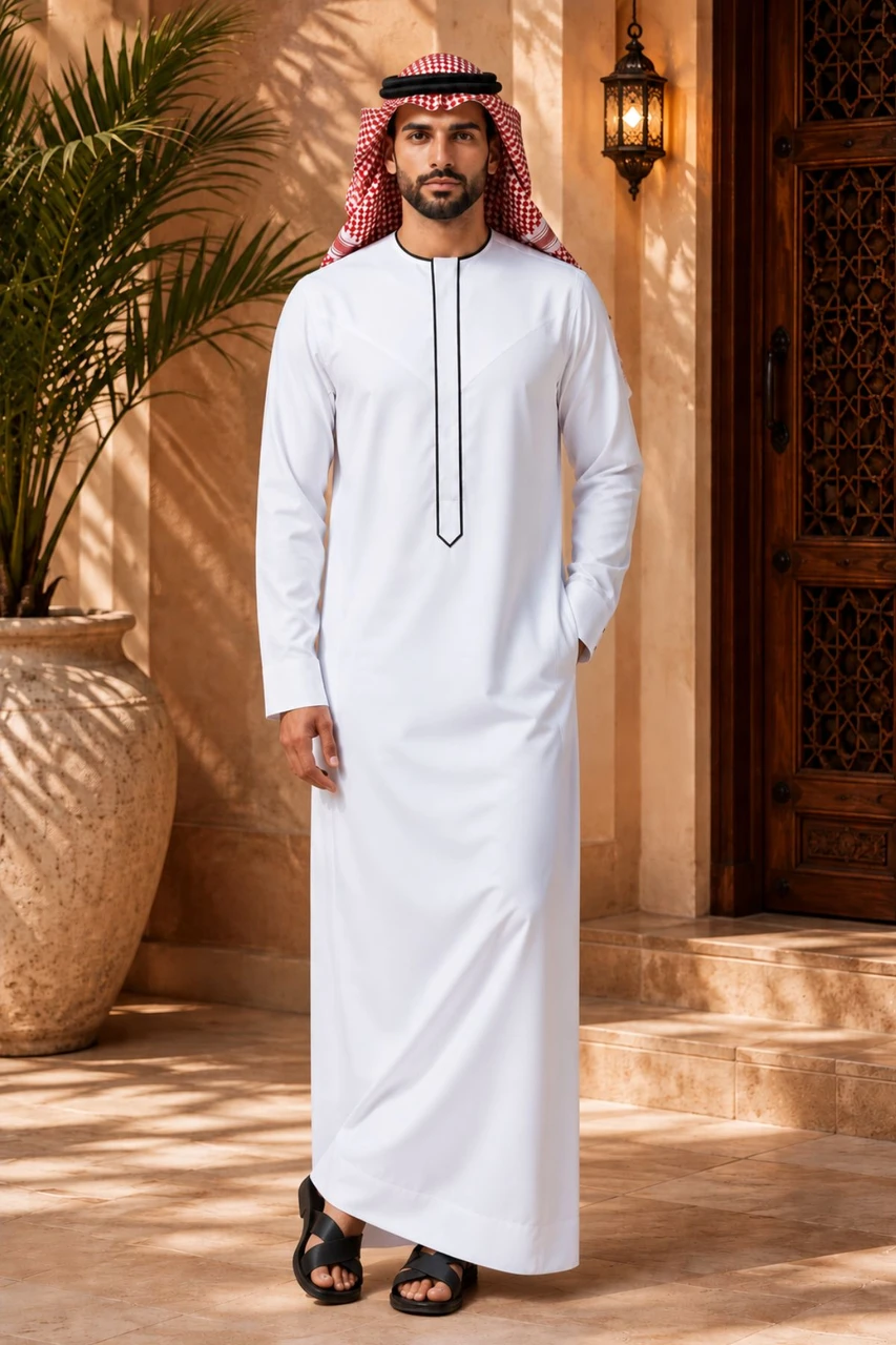 White Emirati Thobe with Black Trim – Arabic Men’s Style