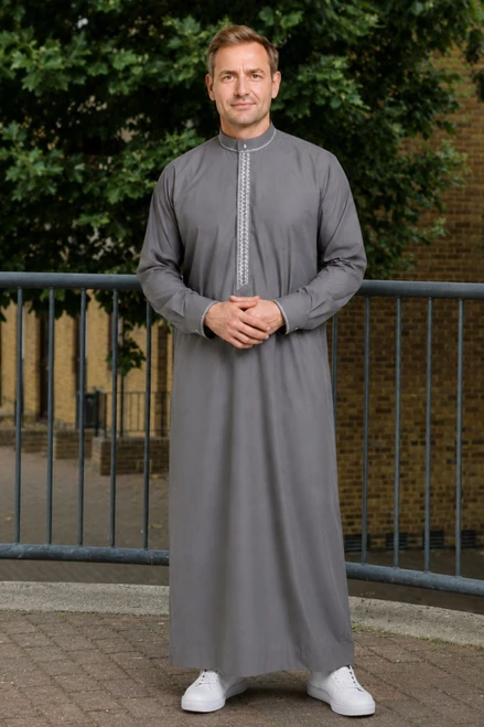 Dark Gray Embroidered Winter Thobe for Men – Stylish & Warm Saudi Thobe