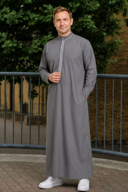 Dark Gray Embroidered Winter Thobe for Men – Stylish & Warm Saudi Thobe