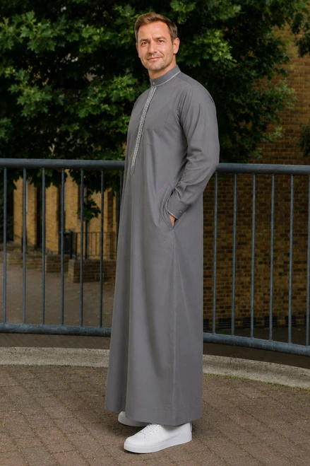 Dark Gray Embroidered Winter Thobe for Men – Stylish & Warm Saudi Thobe