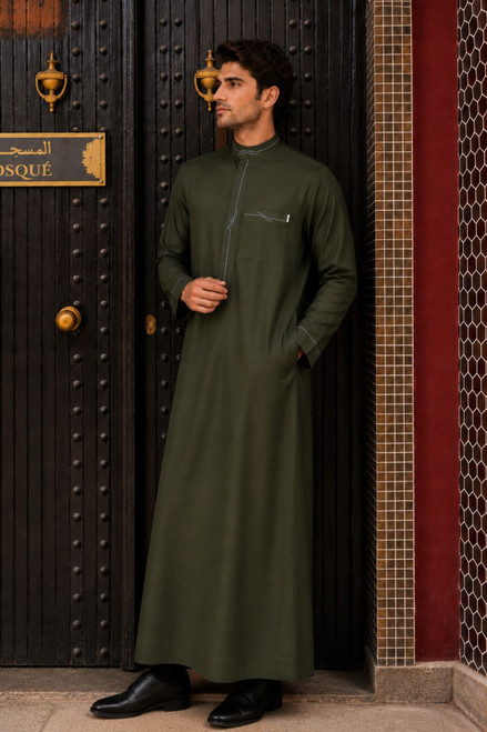 Dark Olive Embroidered Winter Thobe – Elegant & Warm for Men