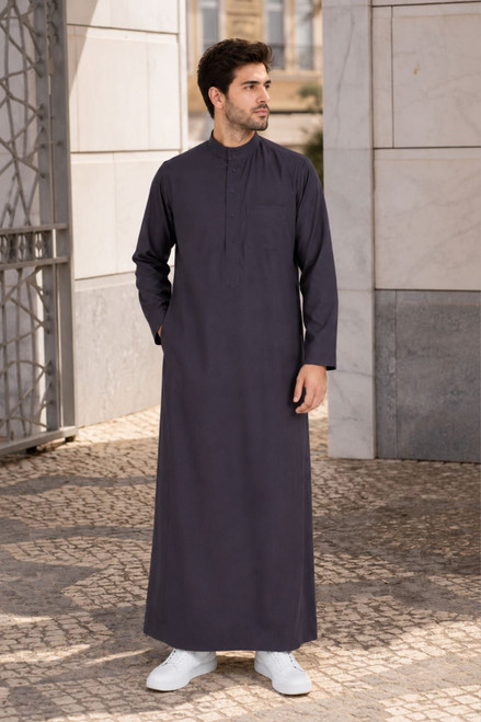 Custom Charcoal Gray Saudi Thobe – Elegant & Comfortable Fit