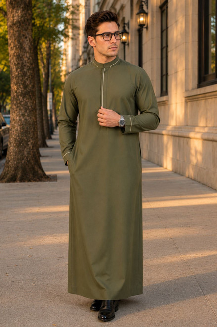 Modern Olive Kuwaiti Style Thobe – Elegant Comfort and Timeless Style
