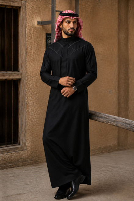 Elegant Black Geometric Stitch Saudi Thobe with White Thread
